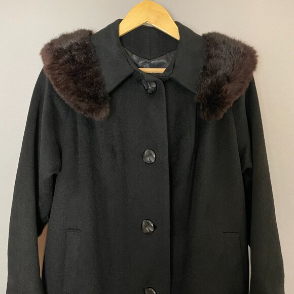 Vintage 50s 60s Wool Coat Fur Collar Black Women Union Made‎ Overcoat Retro - Picture 4 of 16